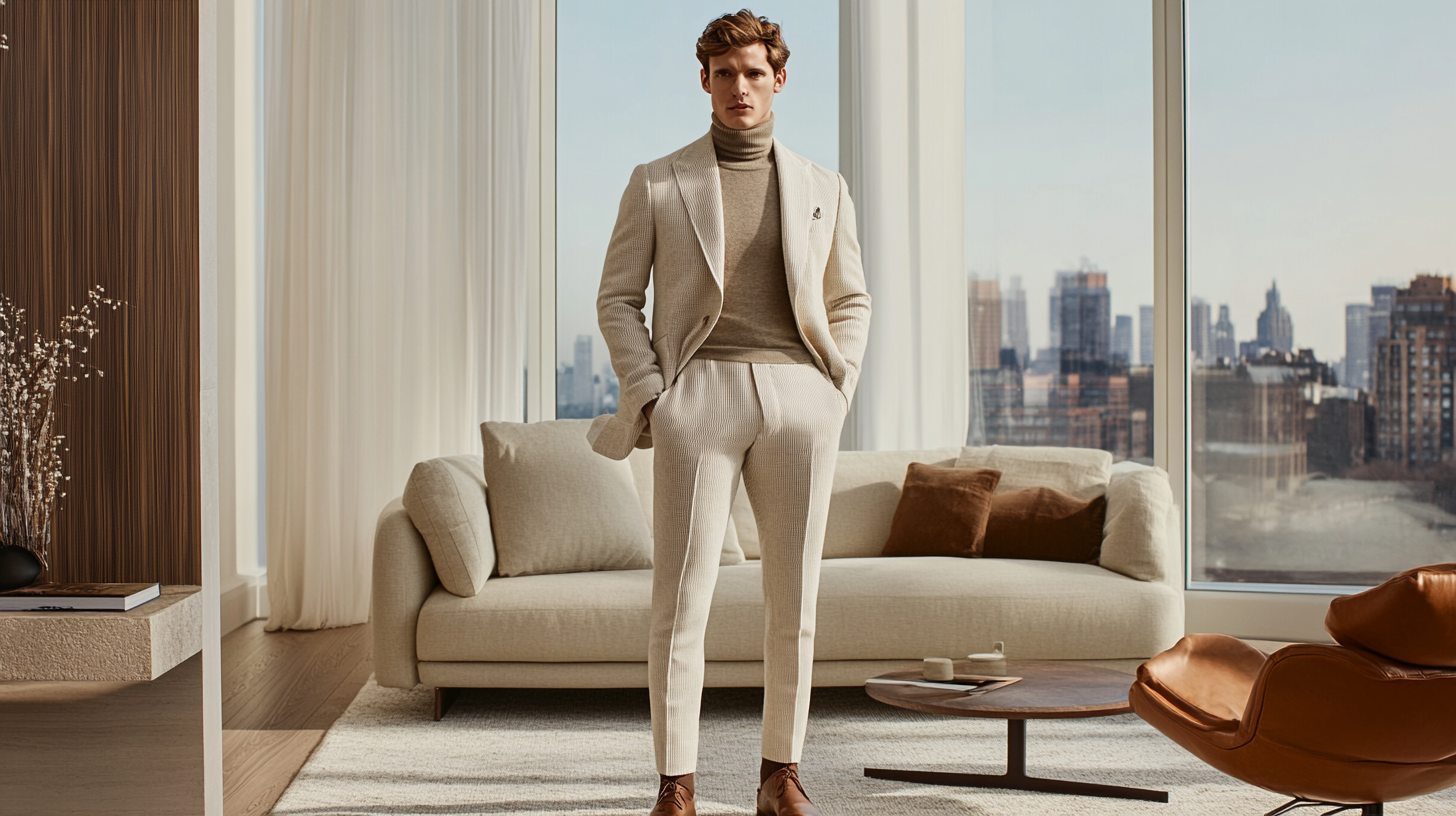 A male model wearing a cream winter suit with a matching turtleneck, paired with brown leather shoes. The model stands with arms crossed, showcasing a sleek, contemporary look.