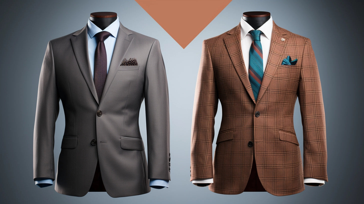 Elegant wool and sleep polyester suits displayed side by side, shocasing the unique qualities and styles available at Westwood Hart