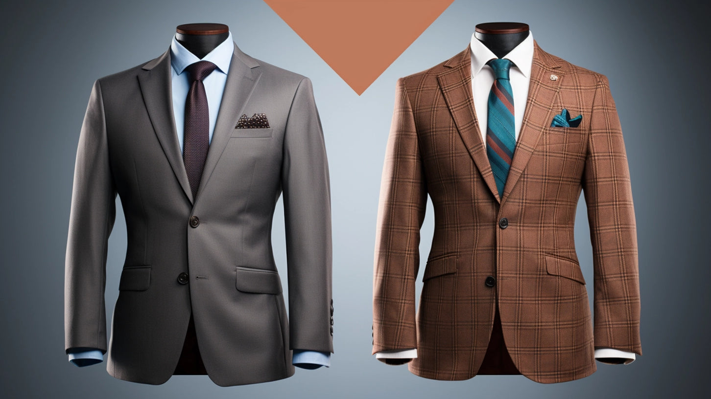 Elegant wool and sleep polyester suits displayed side by side, shocasing the unique qualities and styles available at Westwood Hart