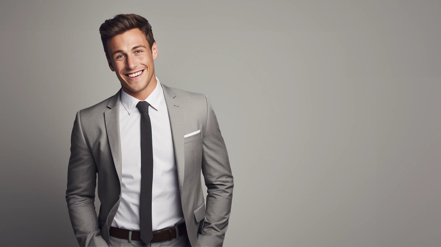 Man in tailored sharkskin suit from our collection, showcasing the meticulous fit and modern design.