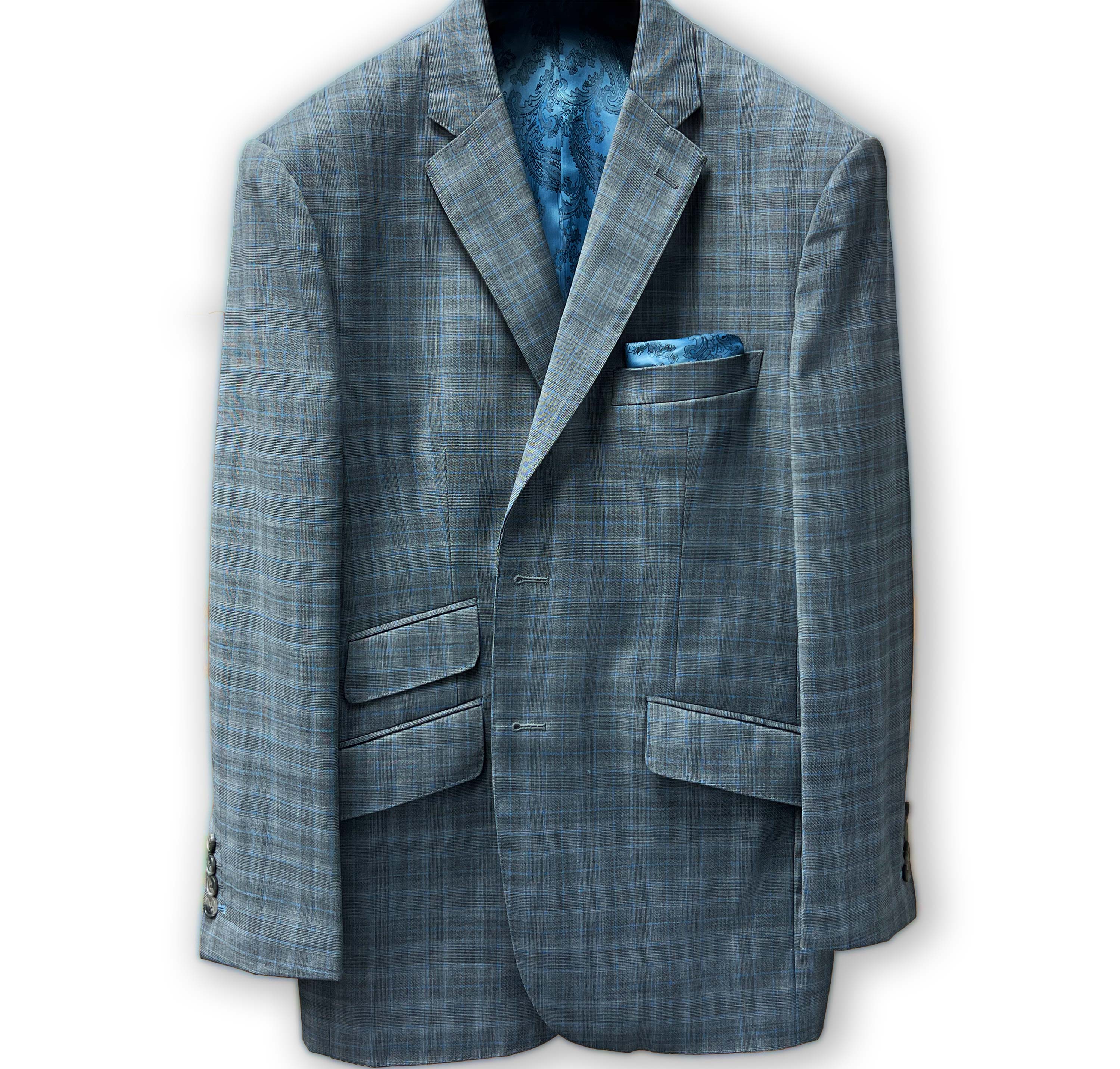Men's plaid suit by Westwood Hart, front perspective.