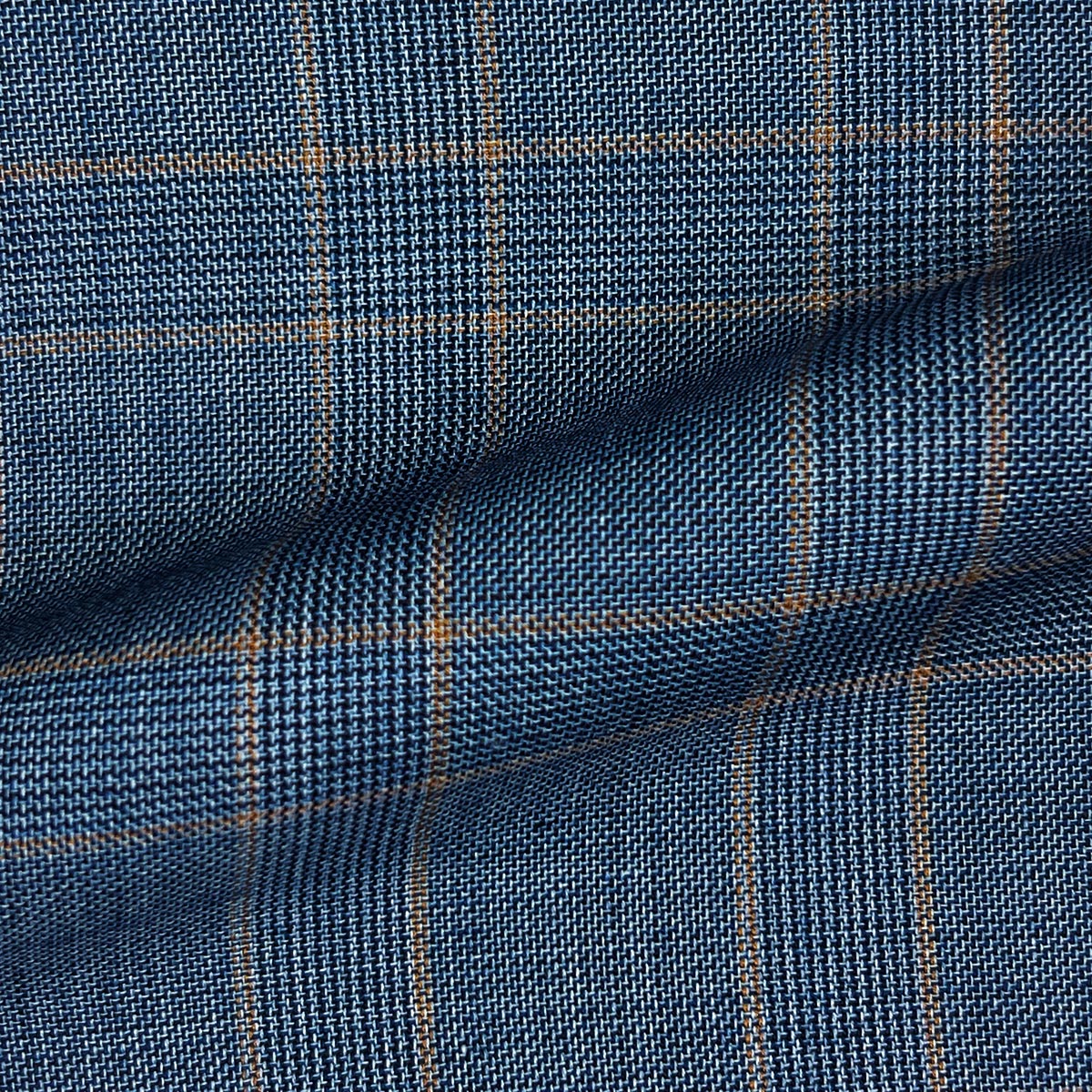 Option for a double-breasted style in stone blue and tan windowpane plaid.