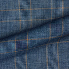 Option for a double-breasted style in stone blue and tan windowpane plaid.