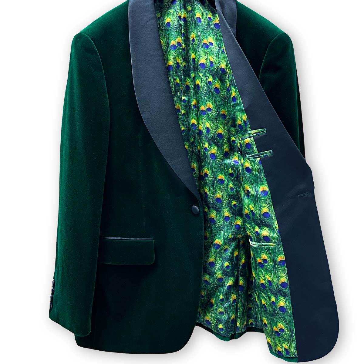 Pocket detail on green velvet tuxedo dinner jacket