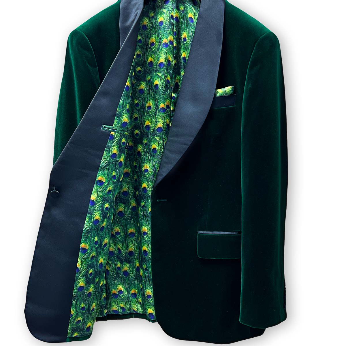 Close-up of green velvet tuxedo collar