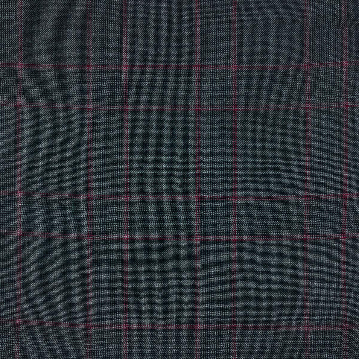 Front view of a men's charcoal grey windowpane suit with subtle red checks, crafted from 100% Australian Merino wool.
