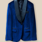 Jacket button panel view of a blue tuxedo, revealing the fine craftsmanship for an elegant formal attire choice.