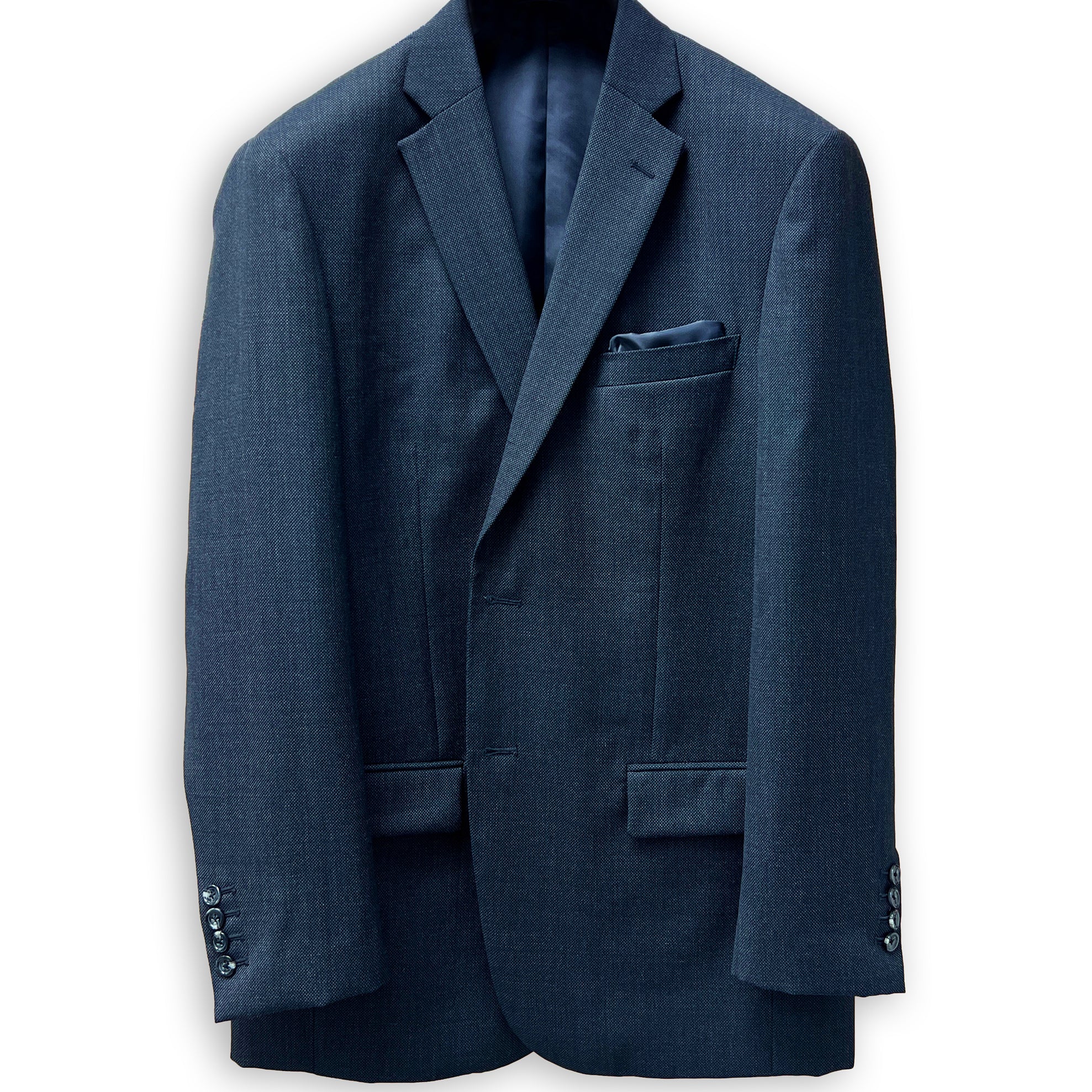 Dark grey birdseye men's suit, rear view showcasing custom tailoring and online suit design