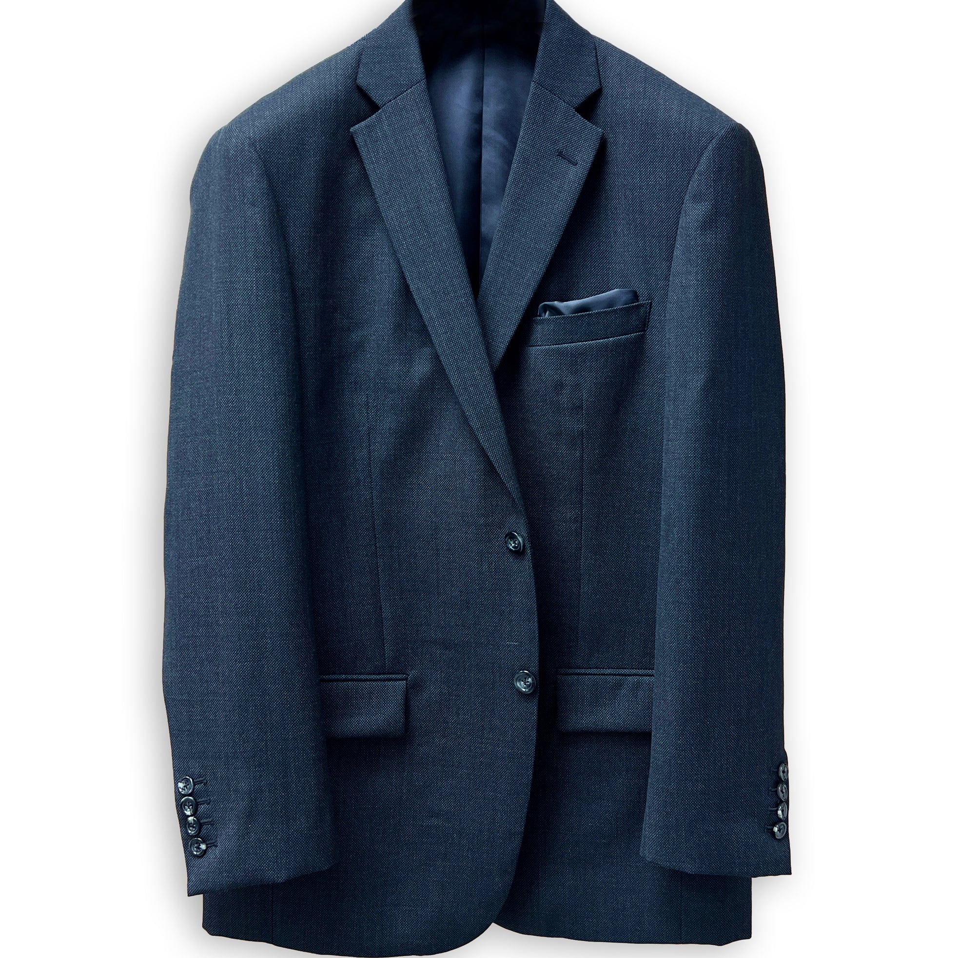 Men's online suit design featuring dark grey birdseye fabric, with a focus on the jacket's inner lining