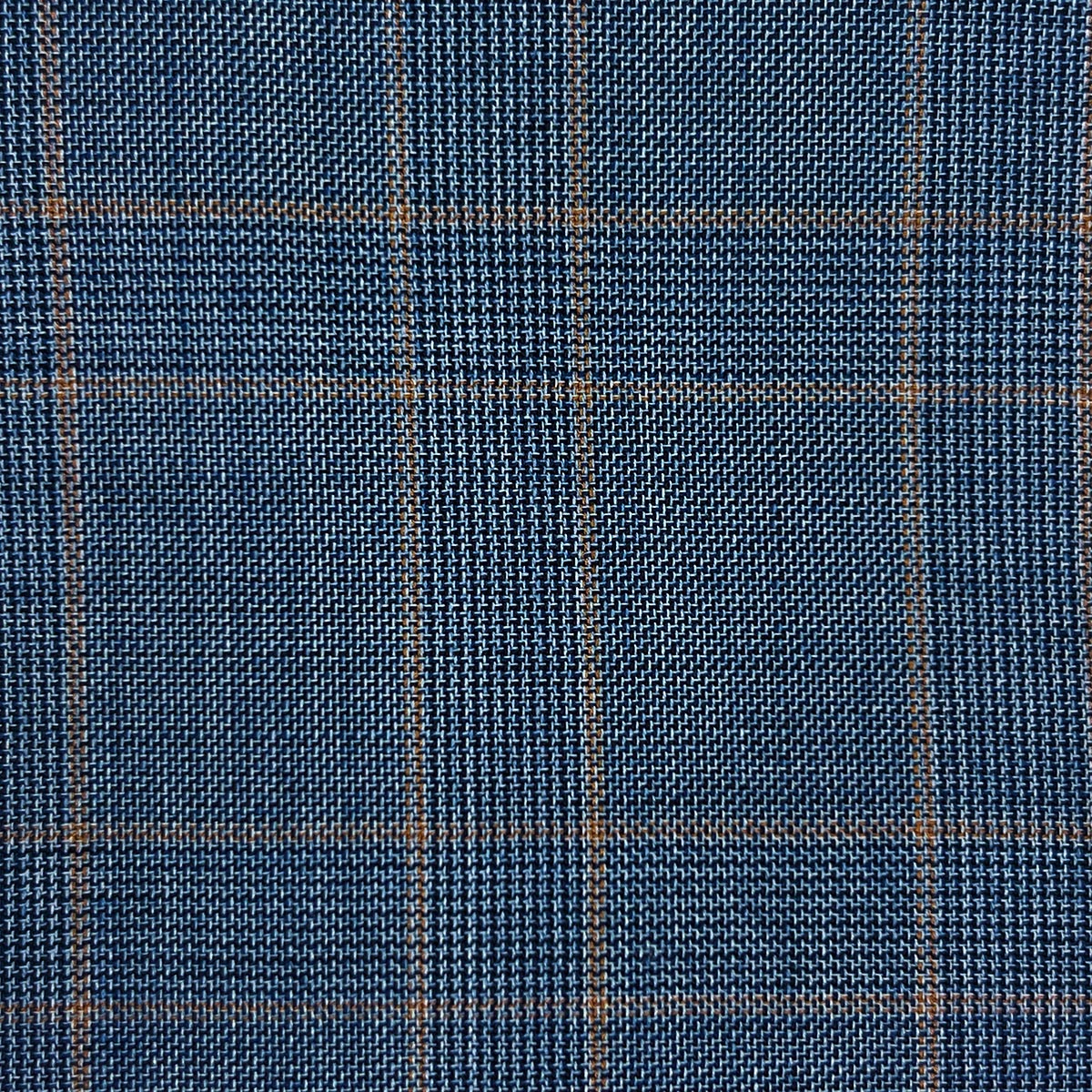 Front view of a stone blue men's business suit with tan windowpane plaid design.