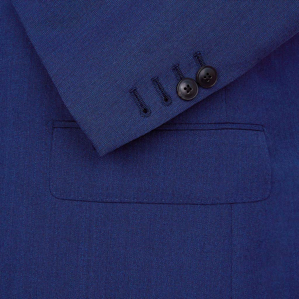 Custom Tailored Medium Blue Suit Sleeve Two Buttons Left Undone Showing Functional Working Buttonholes On A High Quality Custom Tailored Men's Professional Business Suit