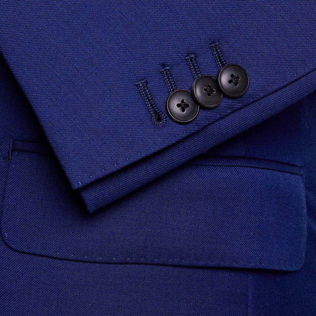 Custom Tailored Navy Blue Suit Sleeve One Button Left Undone Showing Functional Working Buttonholes On A High Quality Custom Tailored Men's Professional Business Suit