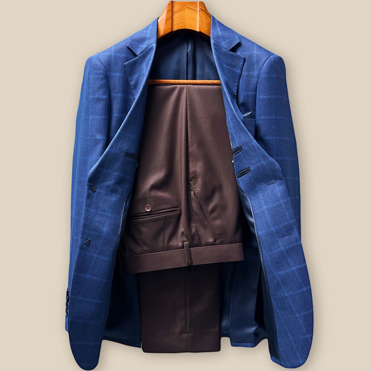 Indigo Blue Windowpane sport coat paired with coordinating trousers, displaying the elegant windowpane pattern and perfect proportions