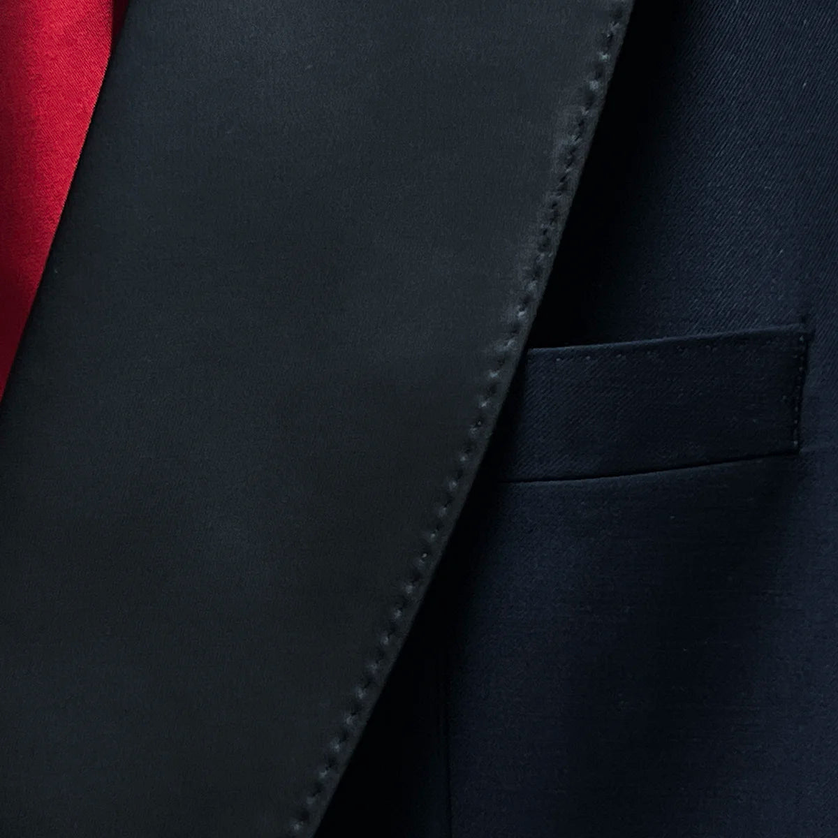 View of the built-in pocket square, adding a touch of elegance to the tuxedo.