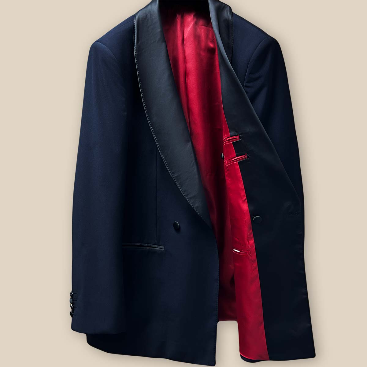 Inside view of the left side of the jacket, highlighting the luxurious tomato red Bemberg lining and interior pocket.