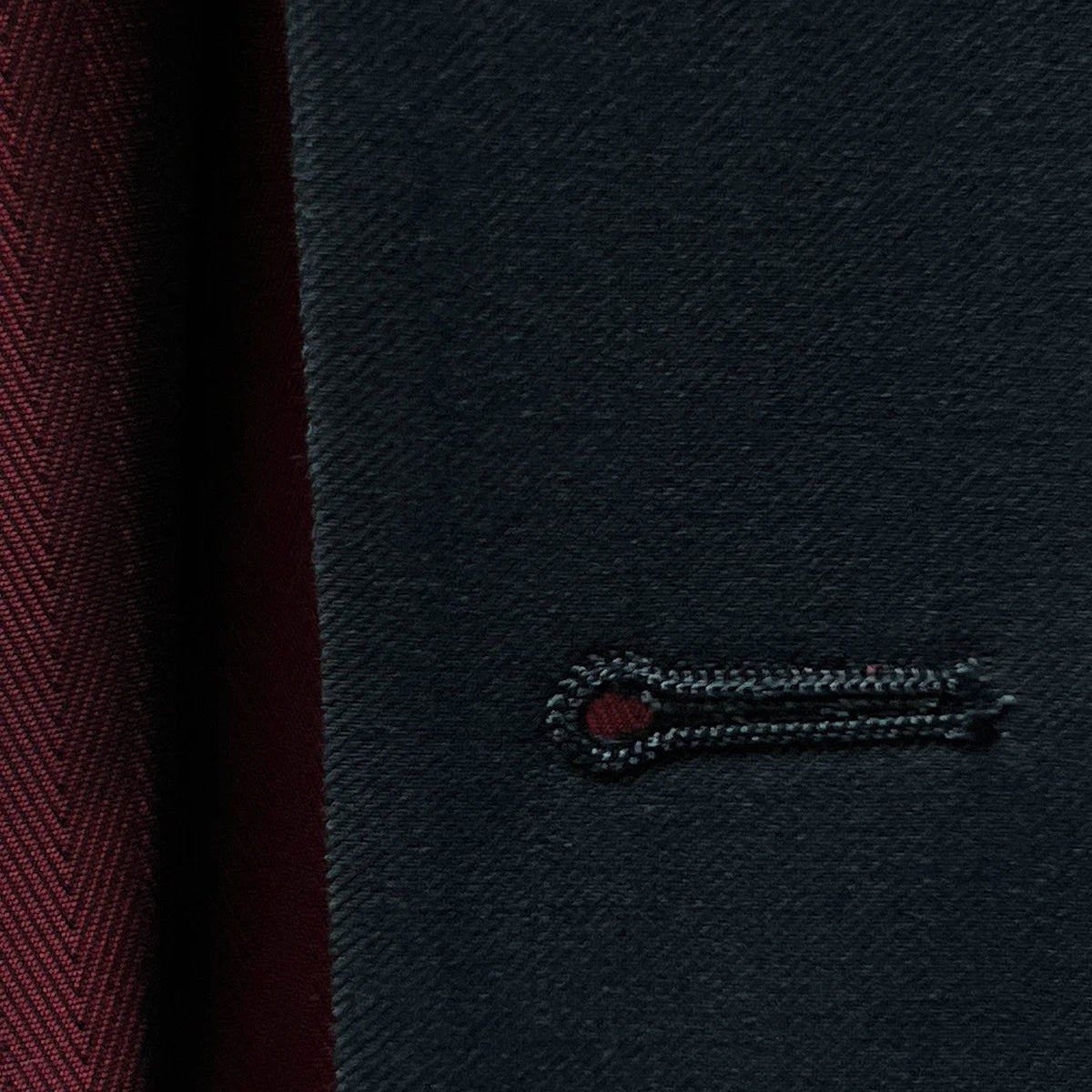 Macro shot of the buttonhole stitching, highlighting the craftsmanship and attention to detail.