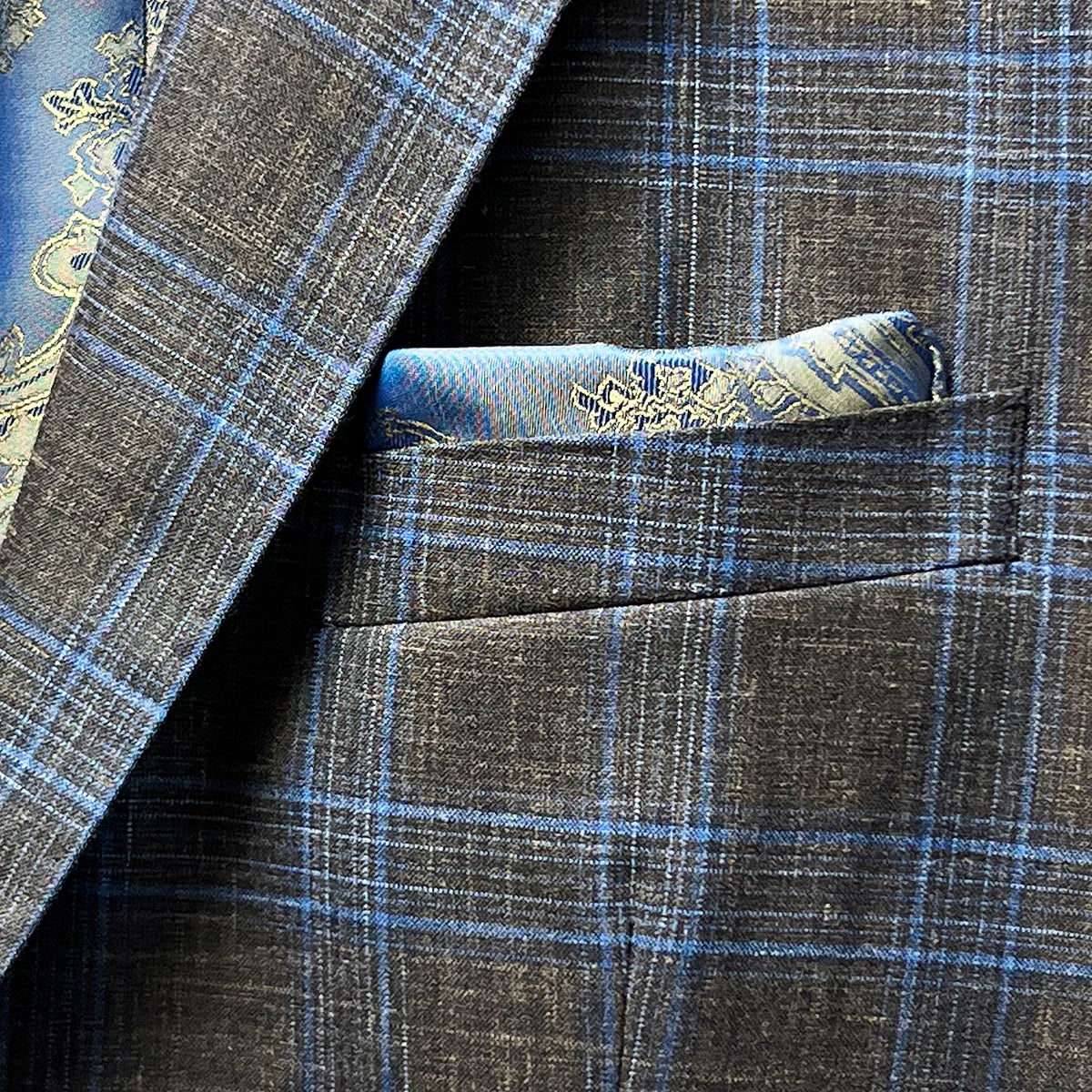 View of the built-in pocket square on the sportcoat, adding a stylish touch.