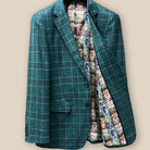 Inside left view of the Westwood Hart hunter green with navy and chocolate brown plaid mens sport coat, highlighting the unique Wizard of Oz flash lining.