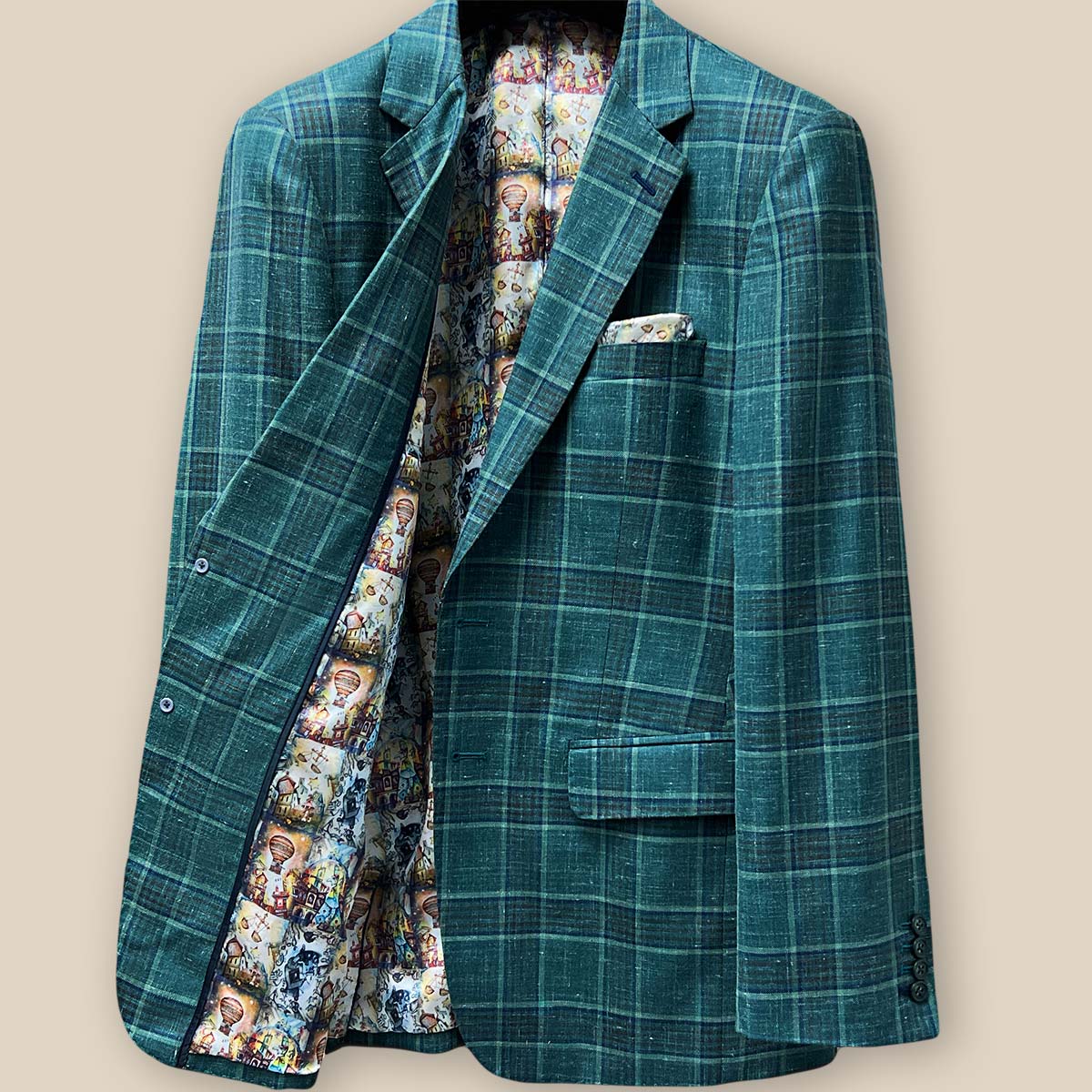 Inside right view of the Westwood Hart hunter green with navy and chocolate brown plaid mens sport coat, displaying the inner pockets and flash lining.