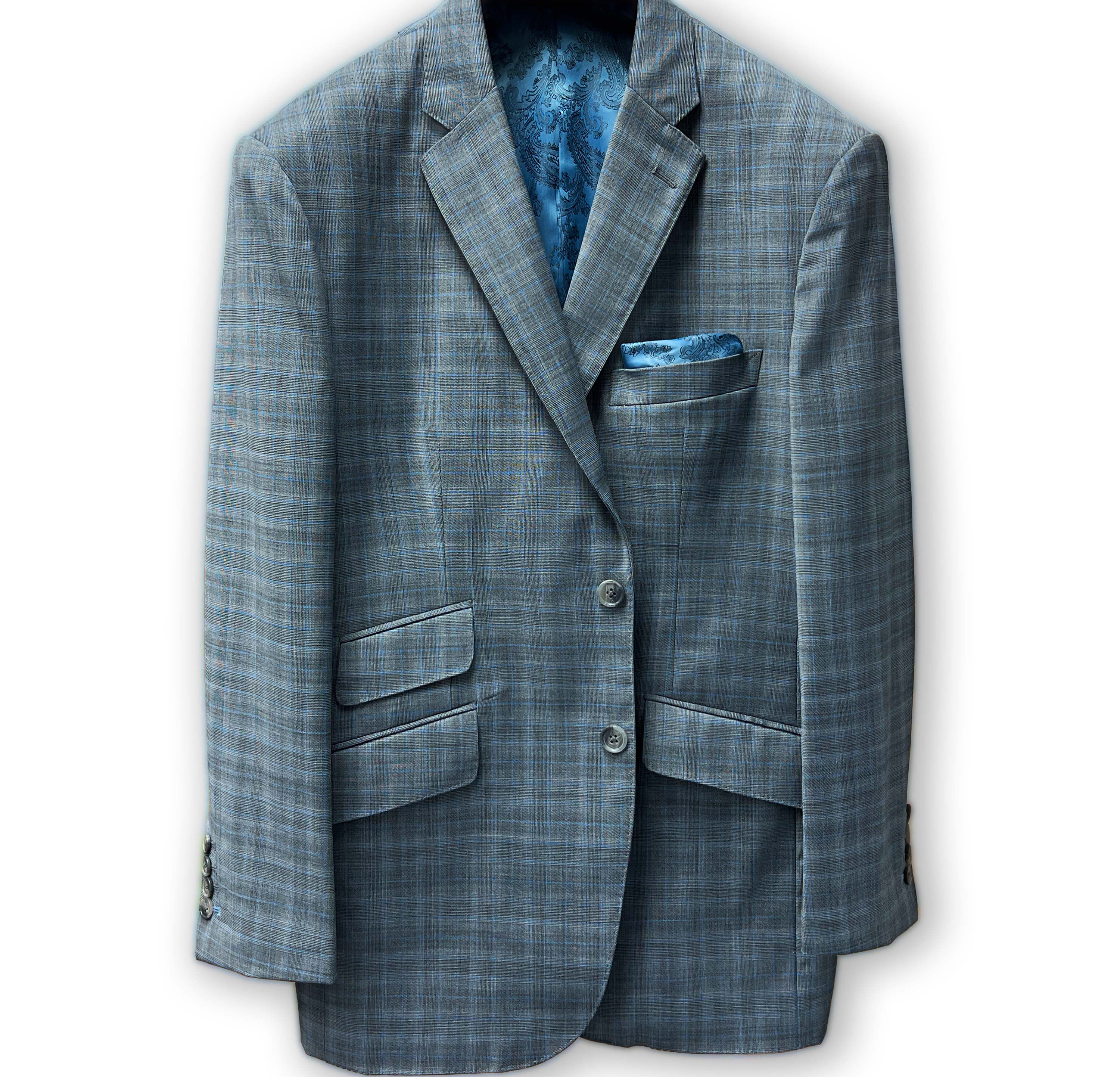 Gray check suit pocket detail, blending style and functionality.