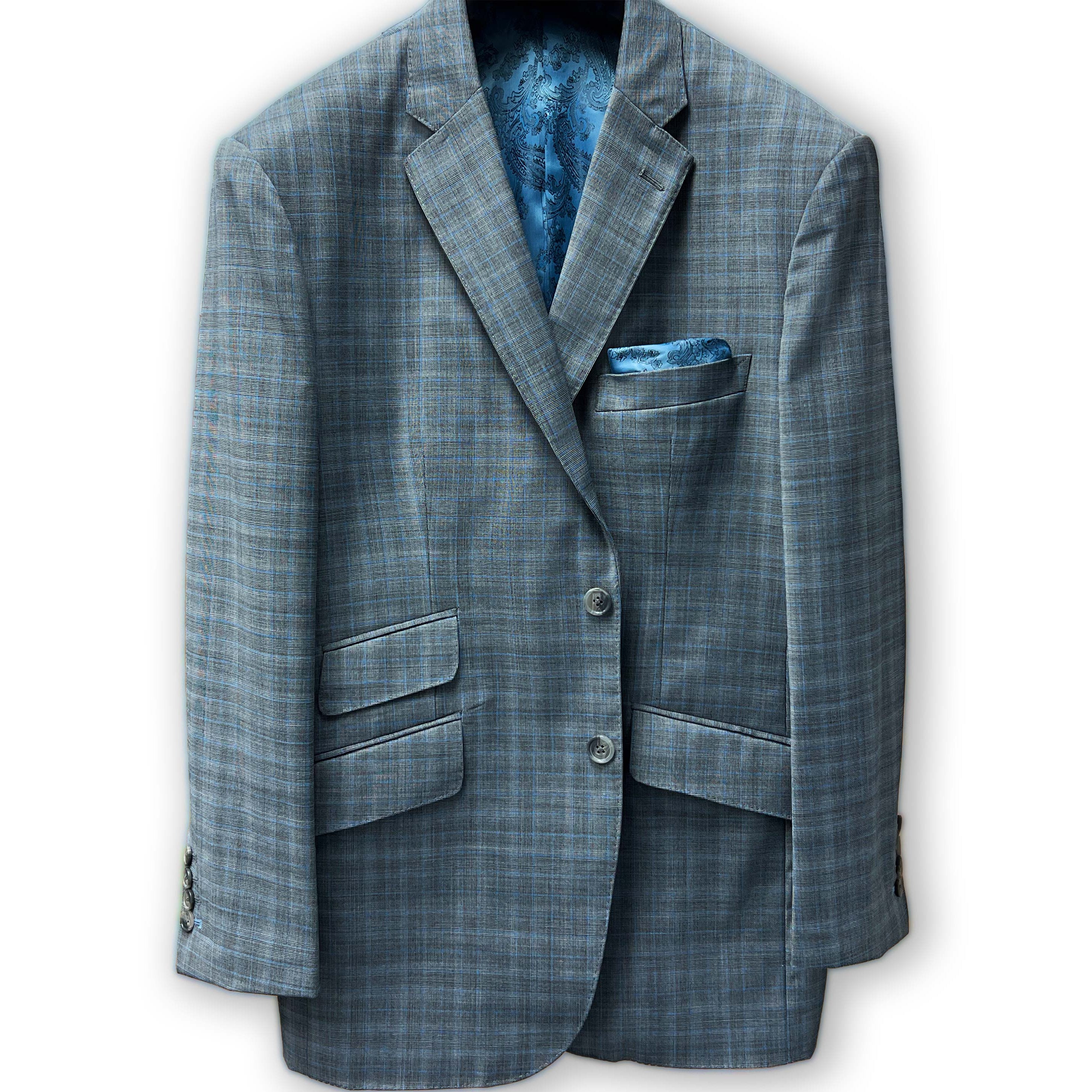 Gray check suit pocket detail, blending style and functionality.
