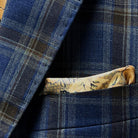 Suit for men by Westwood Hart, featuring dark blue and brown plaid in 100% Australian Merino wool.
