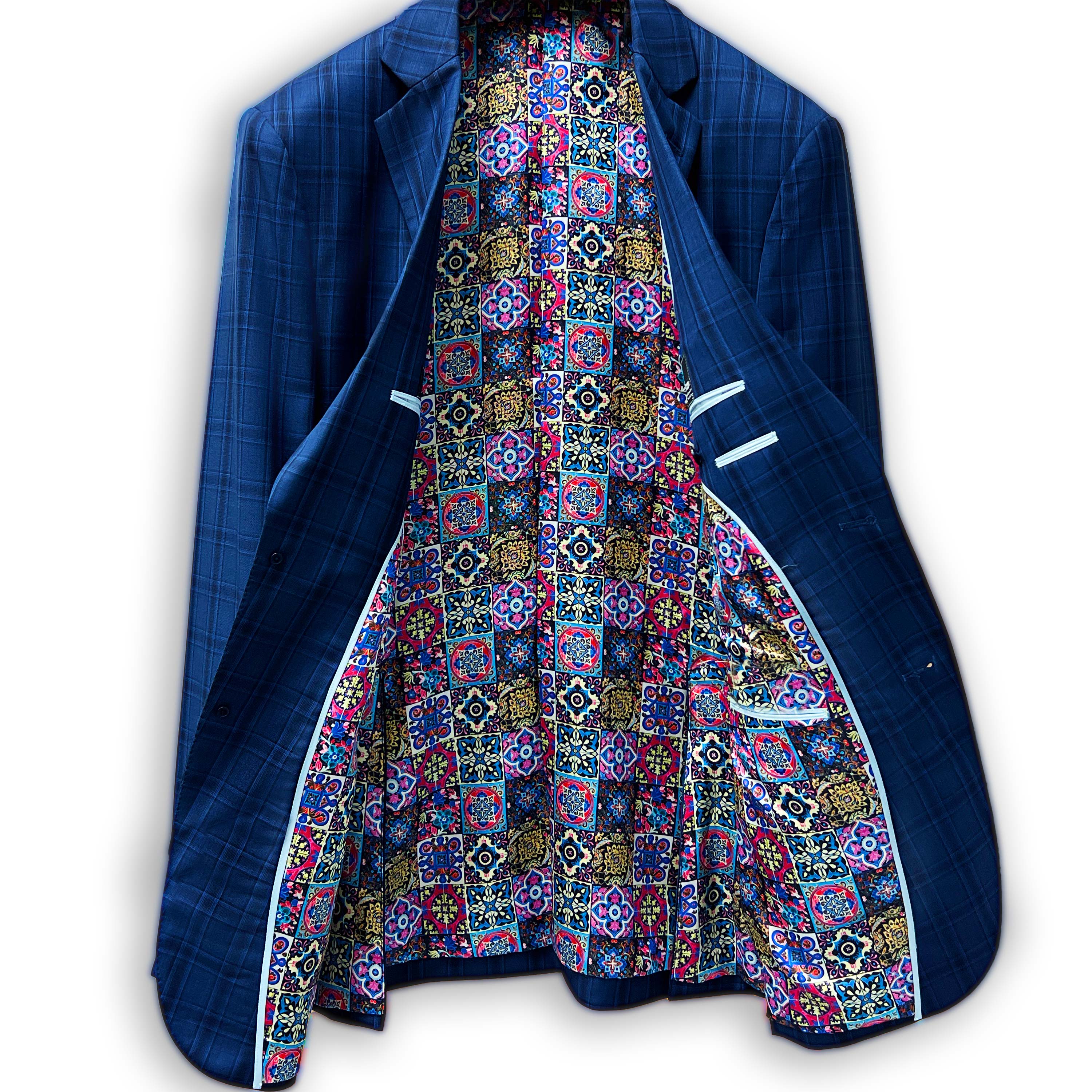 Custom tailored sportcoat in blue checkered plaid, an ideal choice for wedding attire.