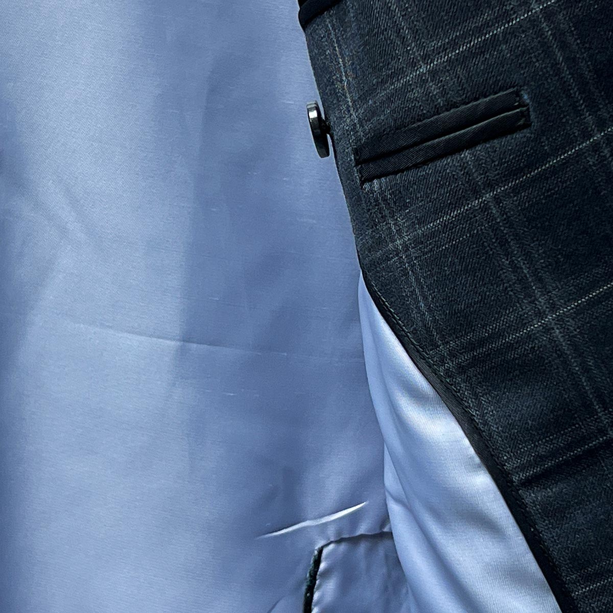 Bemberg lining feature on Westwood Hart Grey Plaid Windowpane Men's 3pc Suit, Silk Bemberg Sky Blue Lining
