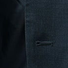 Close-up view of buttonhole detailing on a dark gray sharkskin suit.