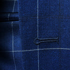 Close-up of buttonholes on a navy blue windowpane suit
