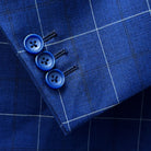 Imitation buttonholes on a navy blue windowpane suit