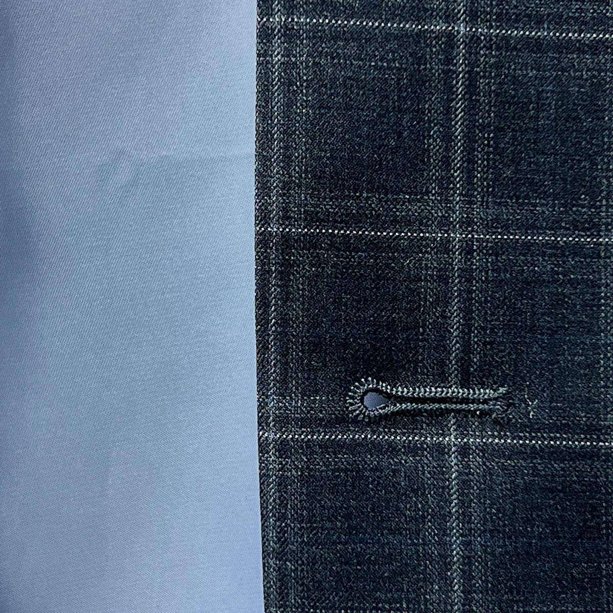 Buttonholes feature on Westwood Hart Grey Plaid Windowpane Men's 3pc Suit, Silk Bemberg Sky Blue Lining