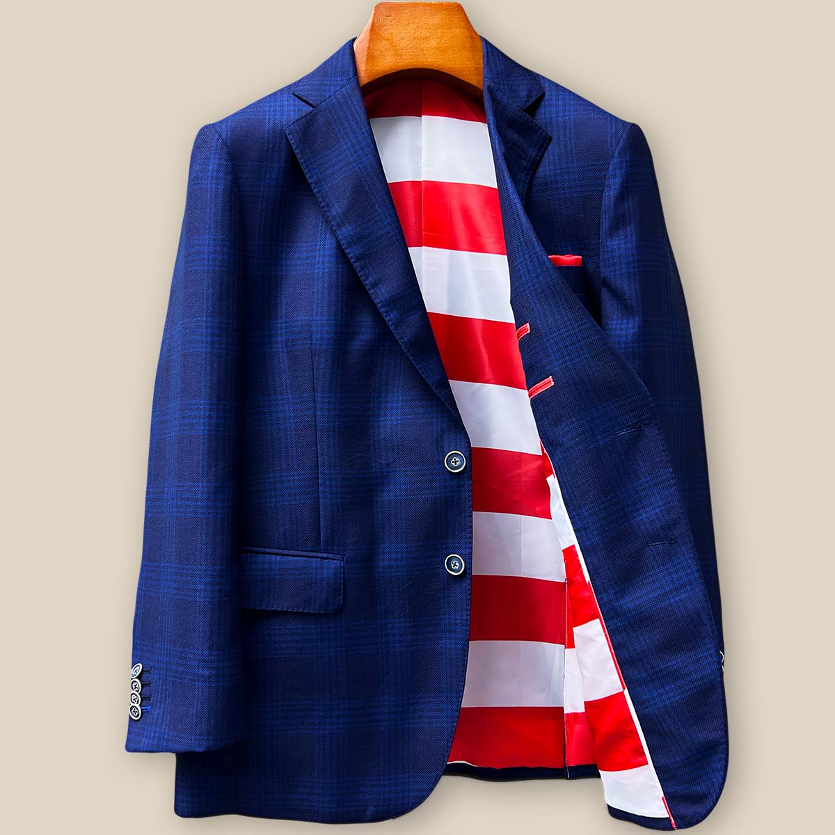 Interior left panel view of the custom Zegna sportcoat revealing the patriotic American flag printed lining that appeals to every true patriot