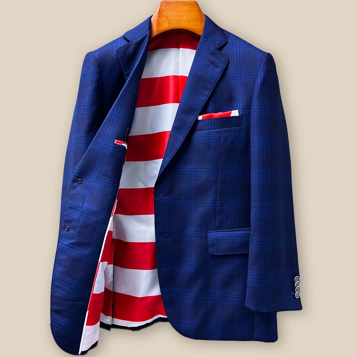 Interior right panel view of the Zegna sportcoat showing impeccable construction details and the patriotic American flag lining that makes a personal statement
