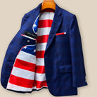 Interior right panel view of the Zegna sportcoat showing impeccable construction details and the patriotic American flag lining that makes a personal statement