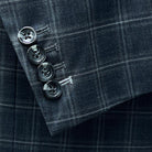 Functional sleeve buttonholes feature on Westwood Hart Grey Plaid Windowpane Men's 3pc Suit, Silk Bemberg Sky Blue Lining