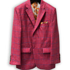 Modern suit style showcasing rust maroon sportcoat with royal blue windowpane.