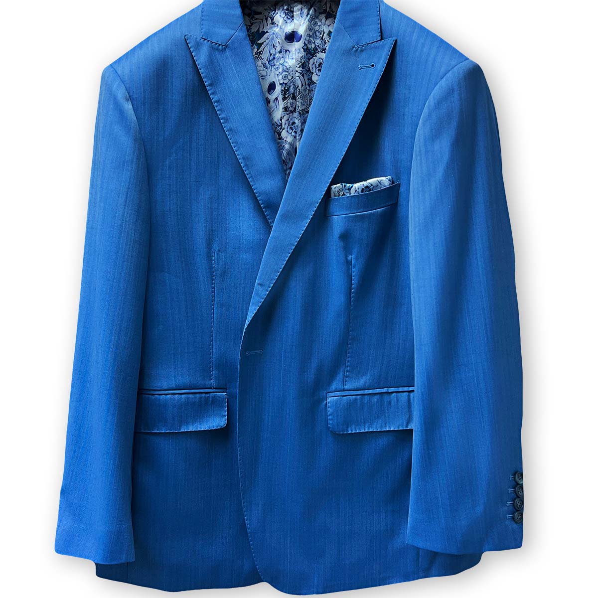Men's herringbone suit in blue, made from luxurious 100% Australian Merino wool.