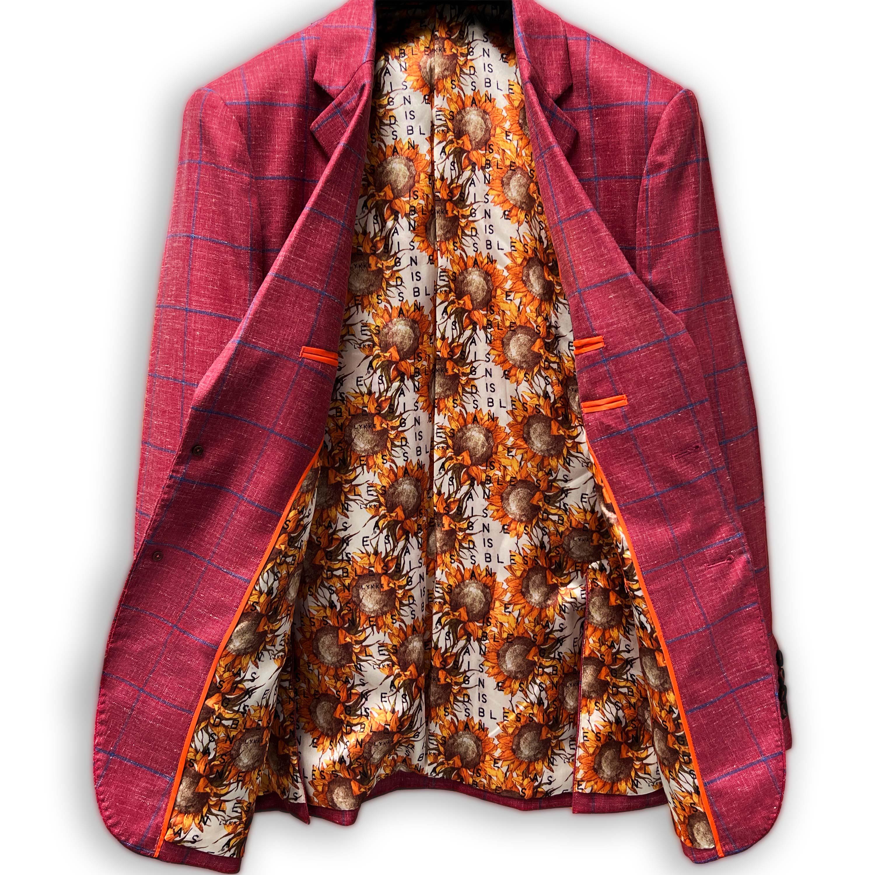 Trendy suit perfect for summer weddings, rust maroon color with royal blue highlights.