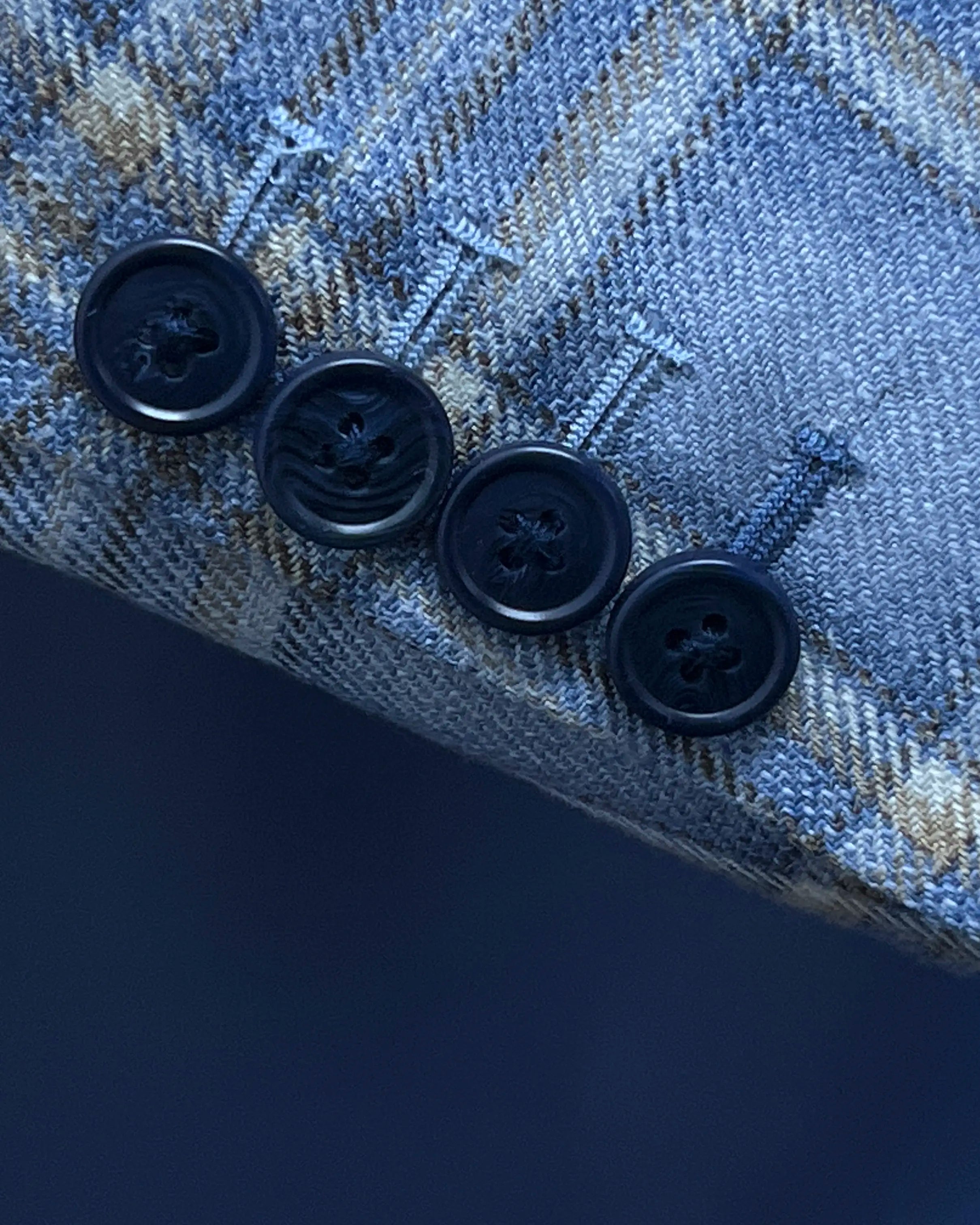 Sleeve cuff detail of Powder Blue with Tan Windowpane Plaid men's sport coat showing functional sleeve buttons and the contrast last buttonhole