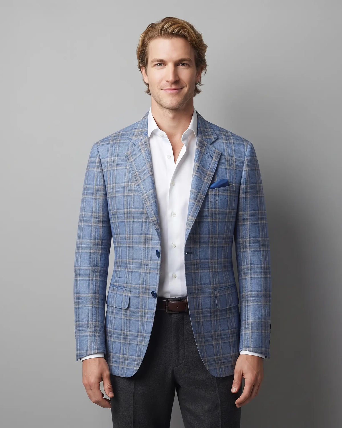 Front model view of Powder Blue with Tan Windowpane Plaid men's sport coat showing full front styling