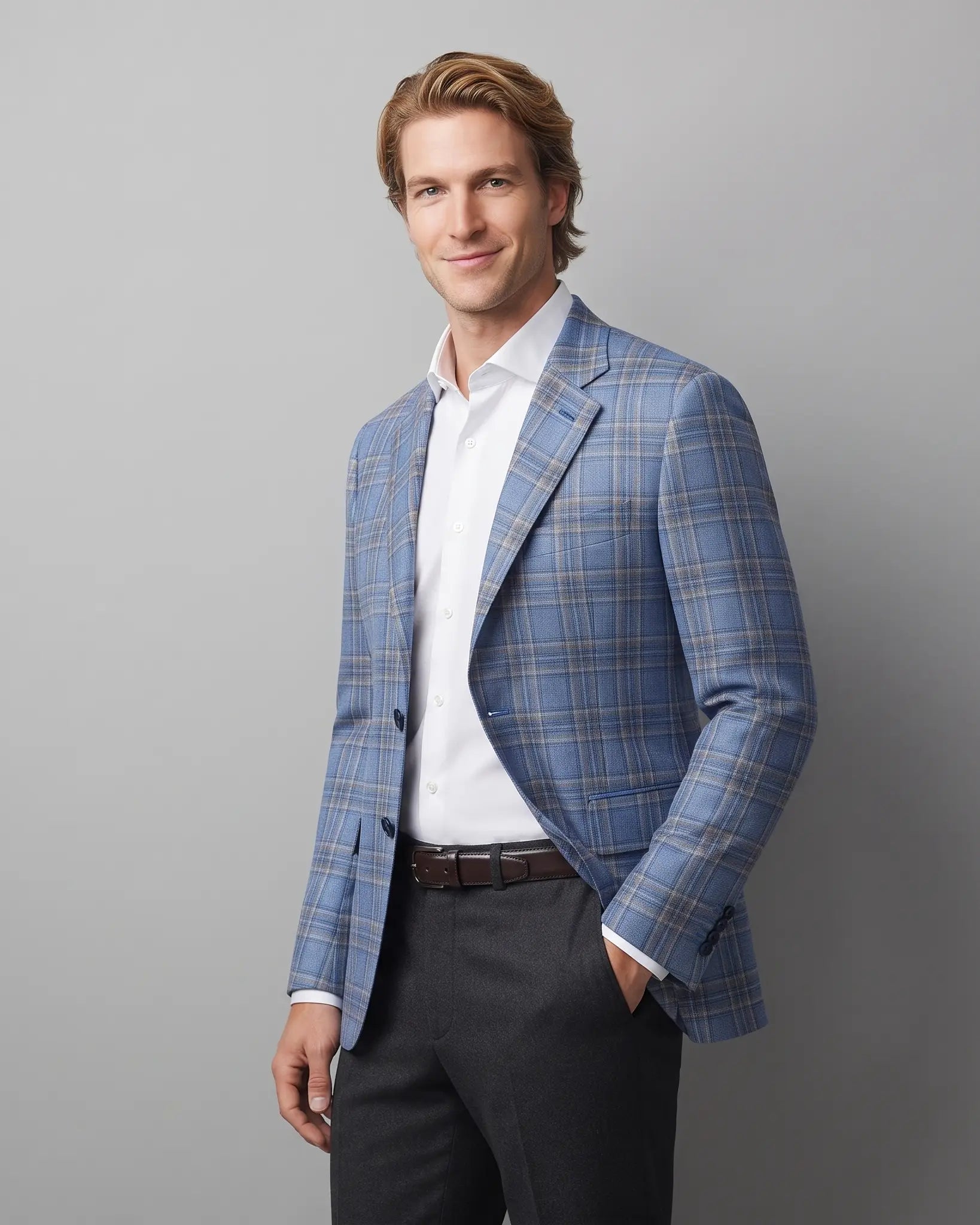 Alternate angled model view of Powder Blue with Tan Windowpane Plaid men's sport coat showing a subtle lining glimpse