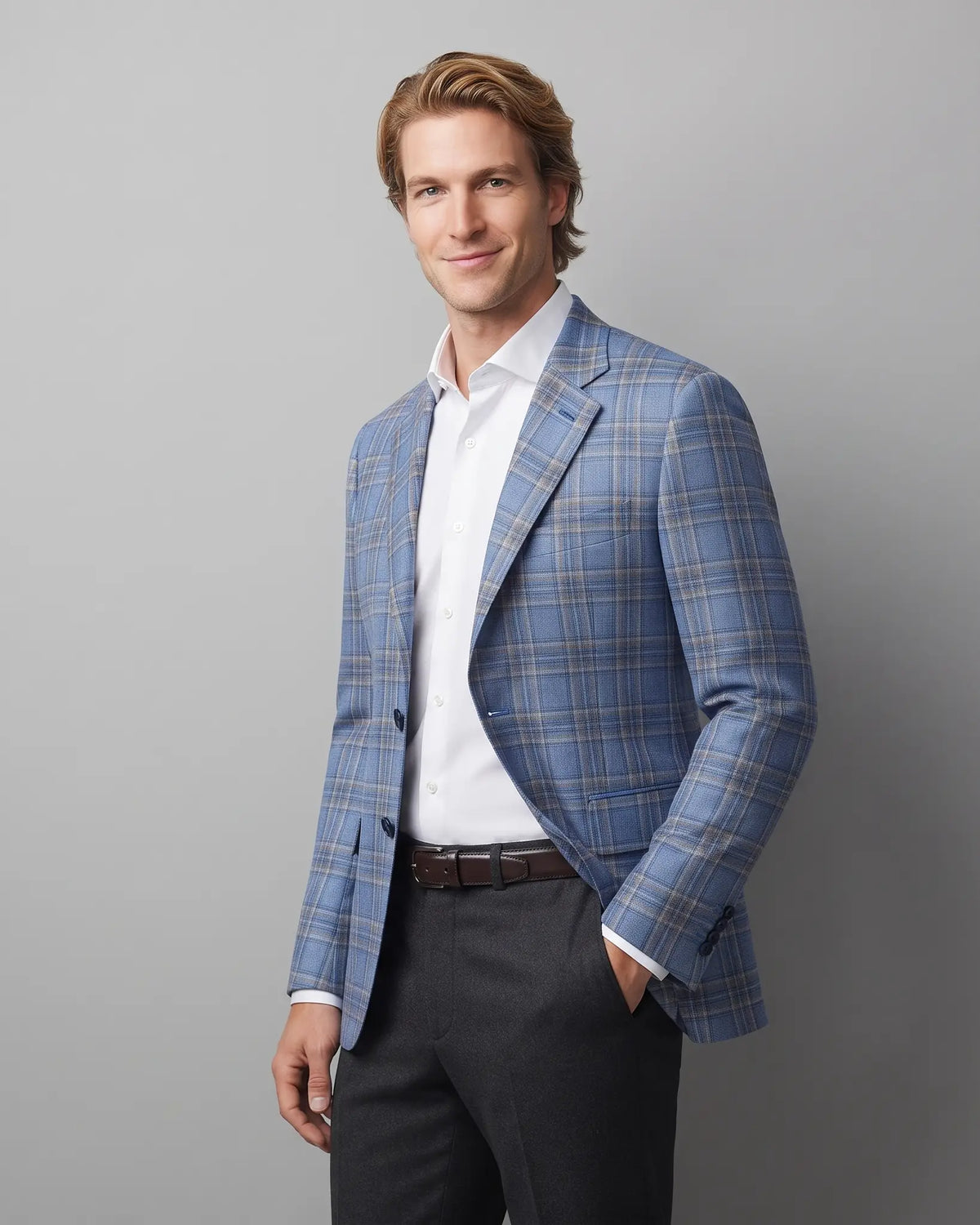 Alternate angled model view of Powder Blue with Tan Windowpane Plaid men's sport coat showing a subtle lining glimpse