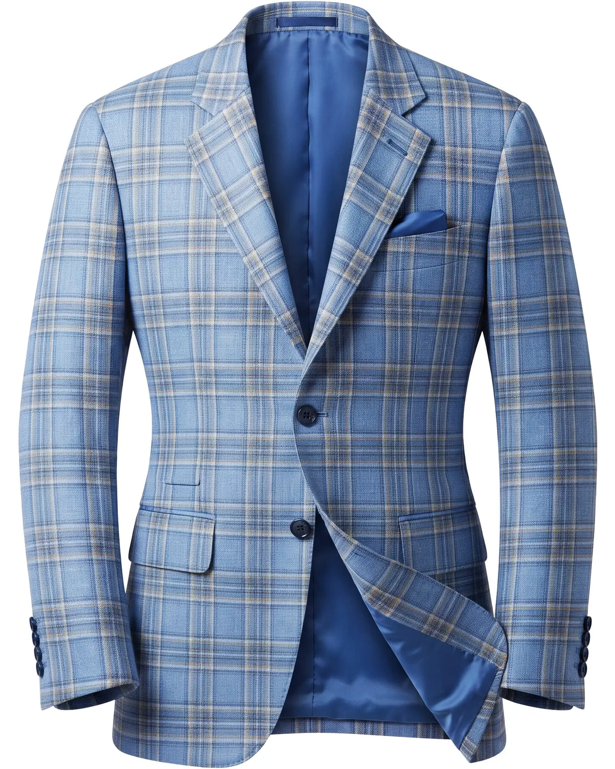 Ghost mannequin view of Powder Blue with Tan Windowpane Plaid men's sport coat showing the full jacket