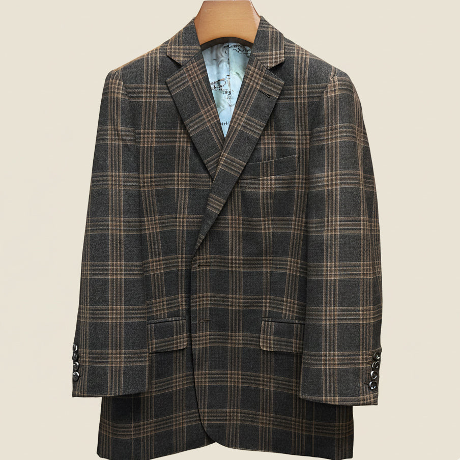 Close-up view of brown rust block windowpane sport coat showing hand-sewn Milanese buttonhole with detailed stitching on lapel