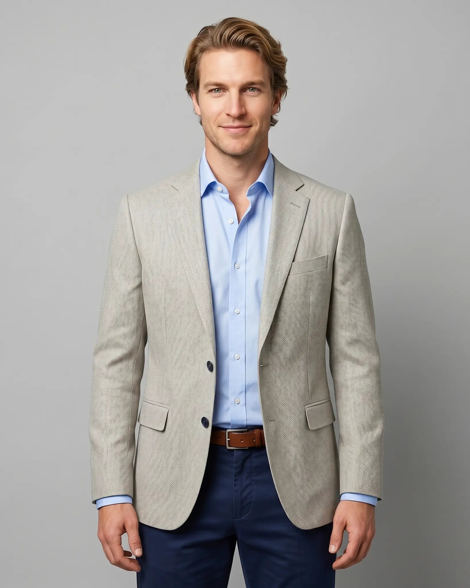 Front model view of light tan hopsack men's sport coat showing full front silhouette and open styling