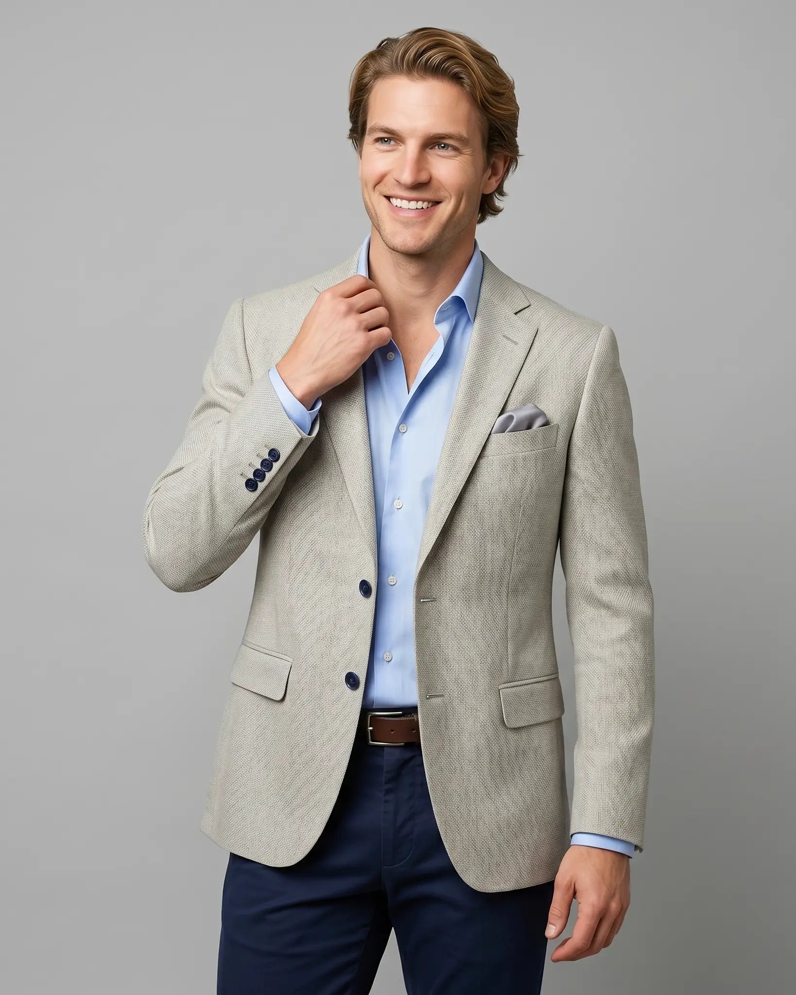 Side view model image of light tan hopsack men's sport coat showing angled pose and natural jacket drape