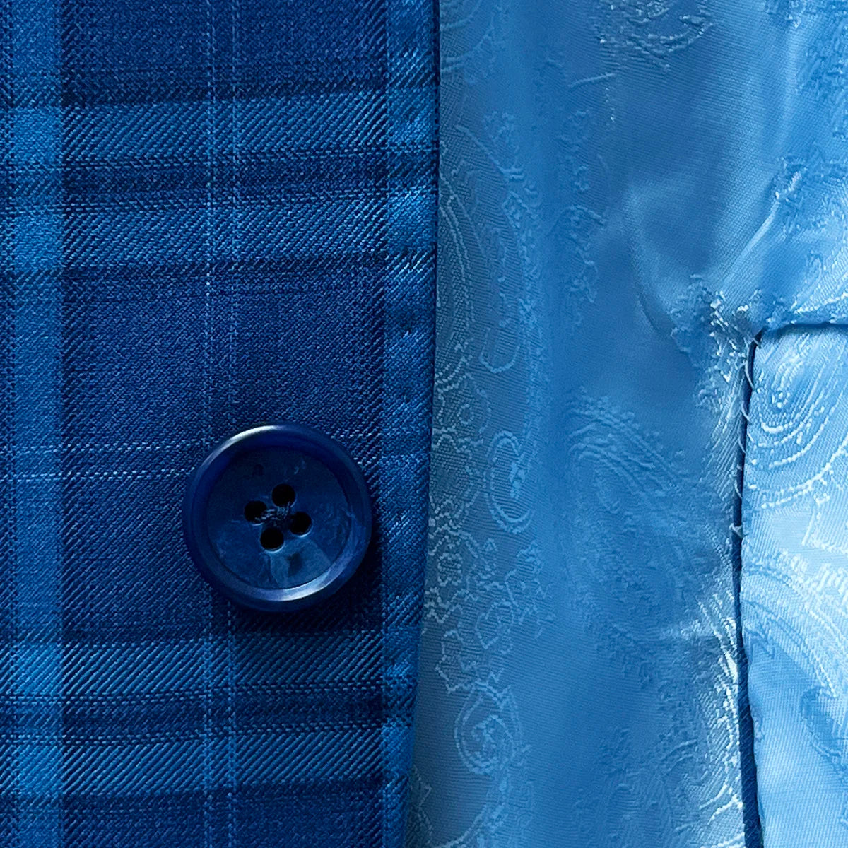 Horn buttons enhancing the classic look of a colbalt blue checkered plaid men's sport coat.