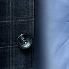 Horn buttons feature on Westwood Hart Grey Plaid Windowpane Men's 3pc Suit, Silk Bemberg Sky Blue Lining