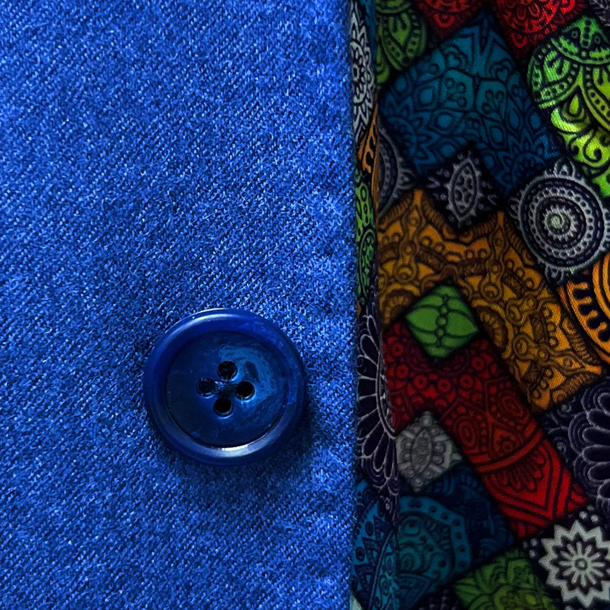 Horn marble buttons on a light blue flannel fall winter sportcoat.
